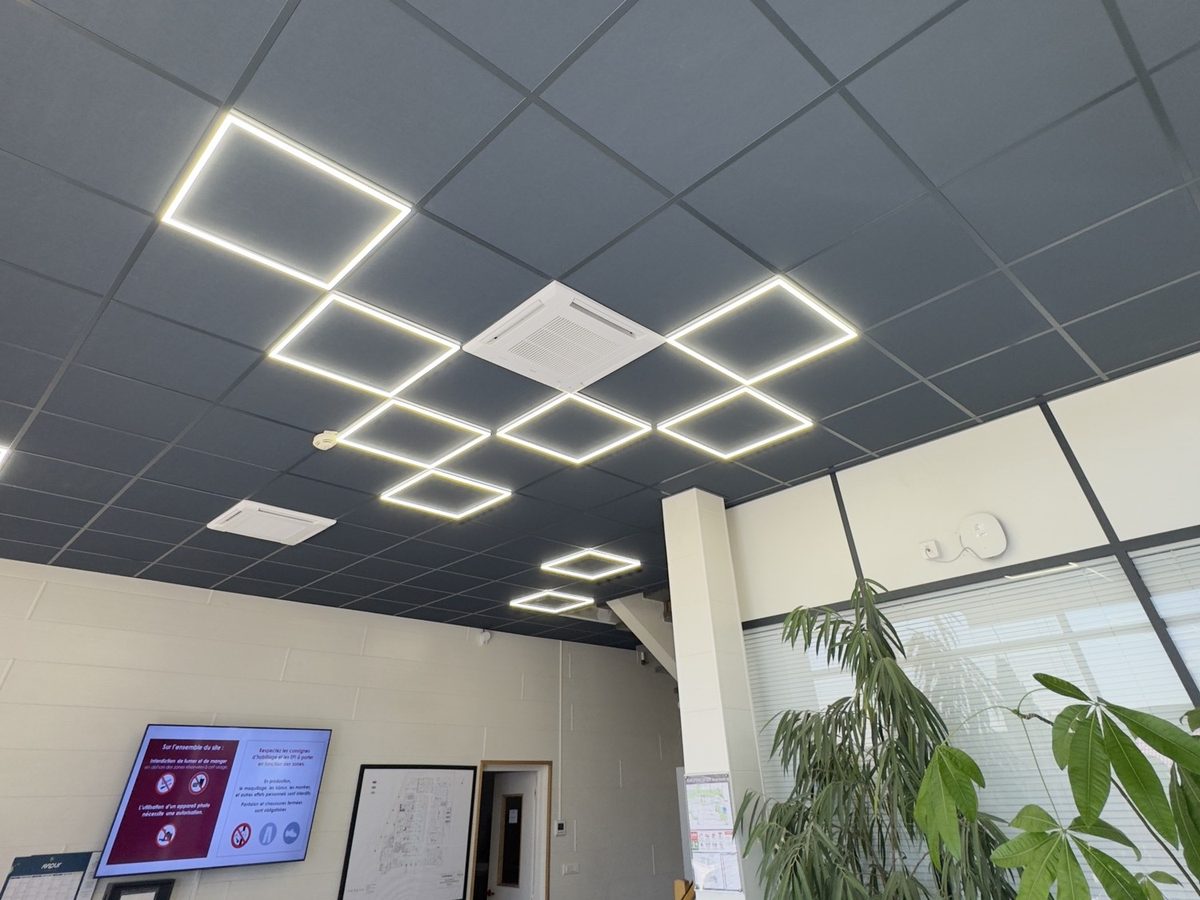 Hall d'accueil d'entreprise : faux plafond acoustique sombre et luminaires encastrés en cadres lumineux.